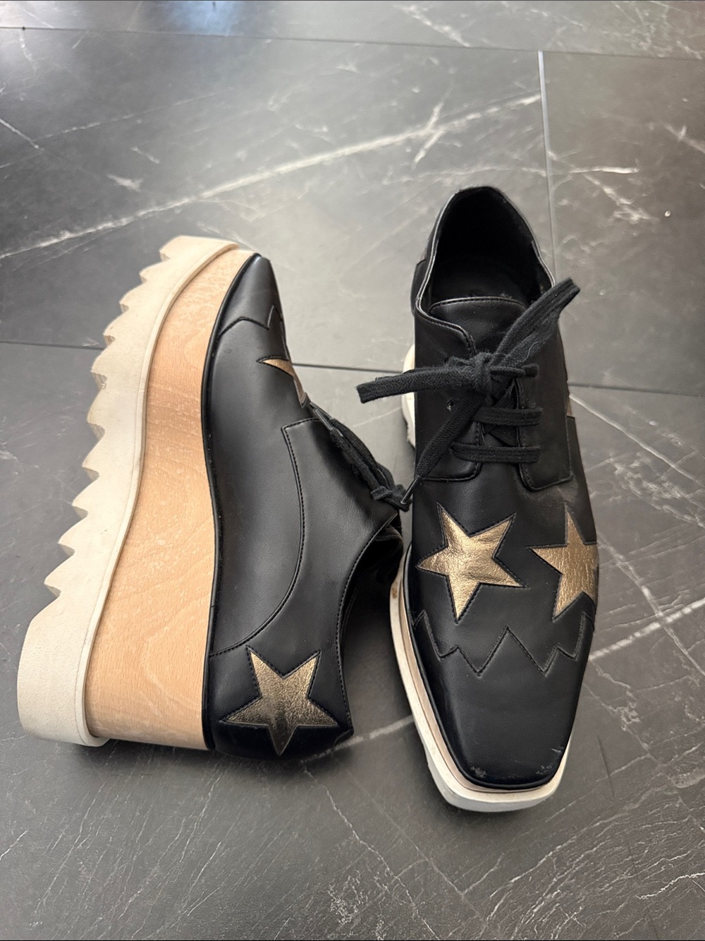 Stella McCartney Black Lace-Up Platform Boots with Gold Star Appliqués